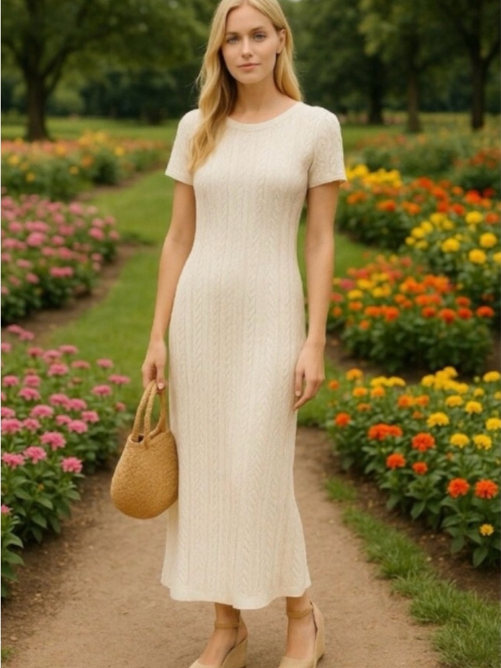 Willow & wind Cream Short-Sleeve Knit Maxi Dresswith slit  - Elegant Everyday